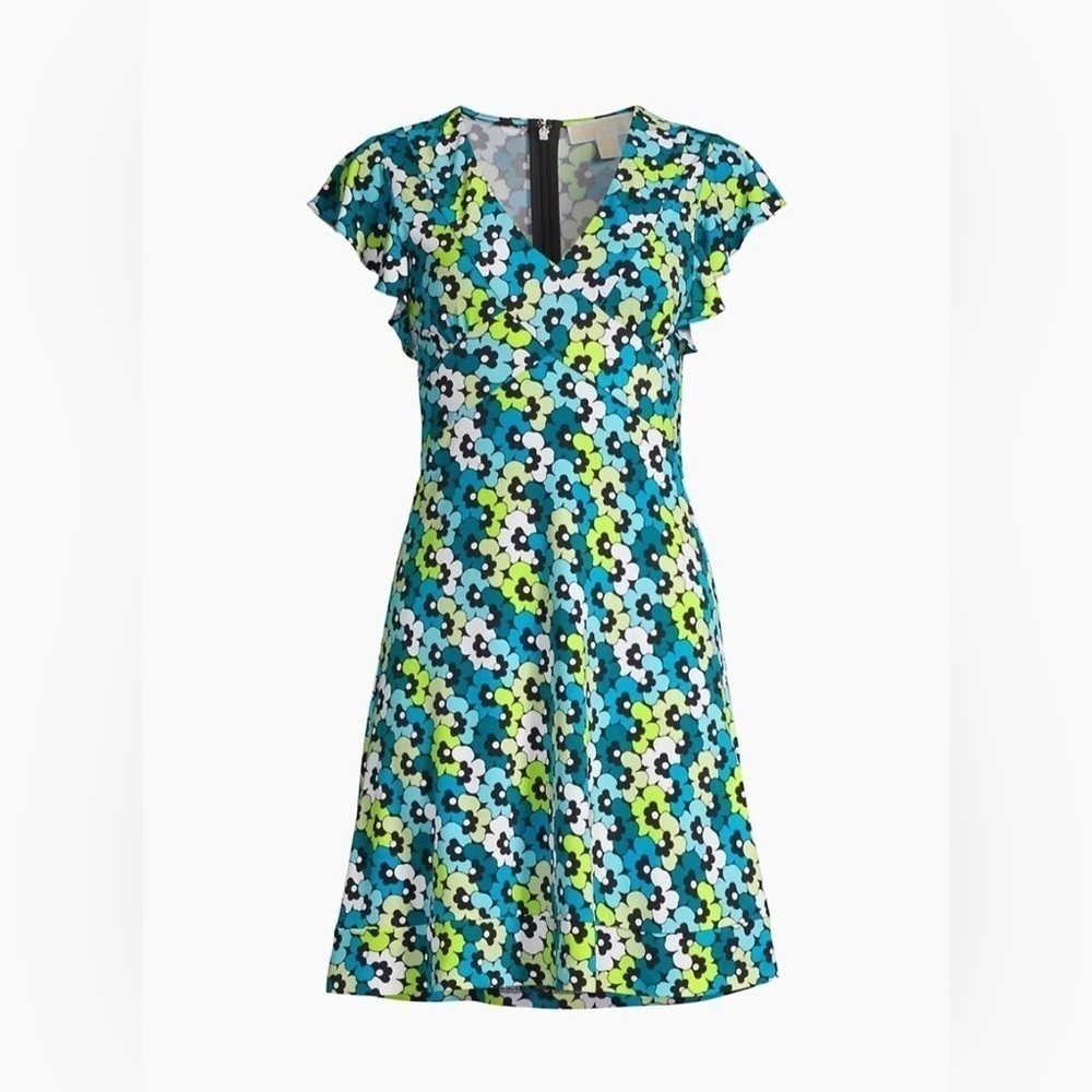 Michael Kors Blue Green Floral V-Neck Dress